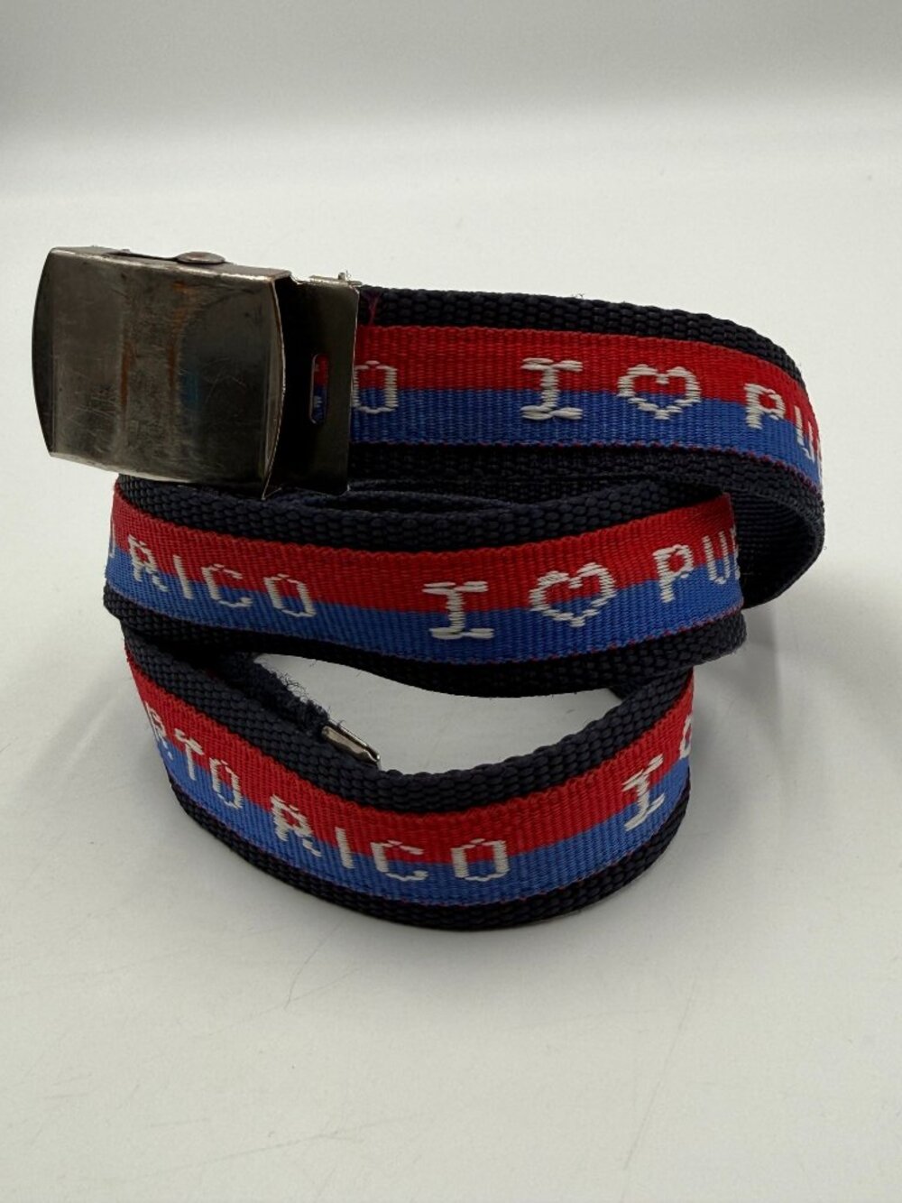 Puerto Rico Canvas Belt Adjustable Unisex Fit up to 38" Blue Red Silver Buckle